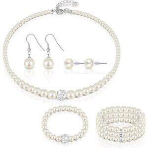 Pearl Rhinestone Jewelry Set for Women Pearl Necklace Bracelet Earrings set